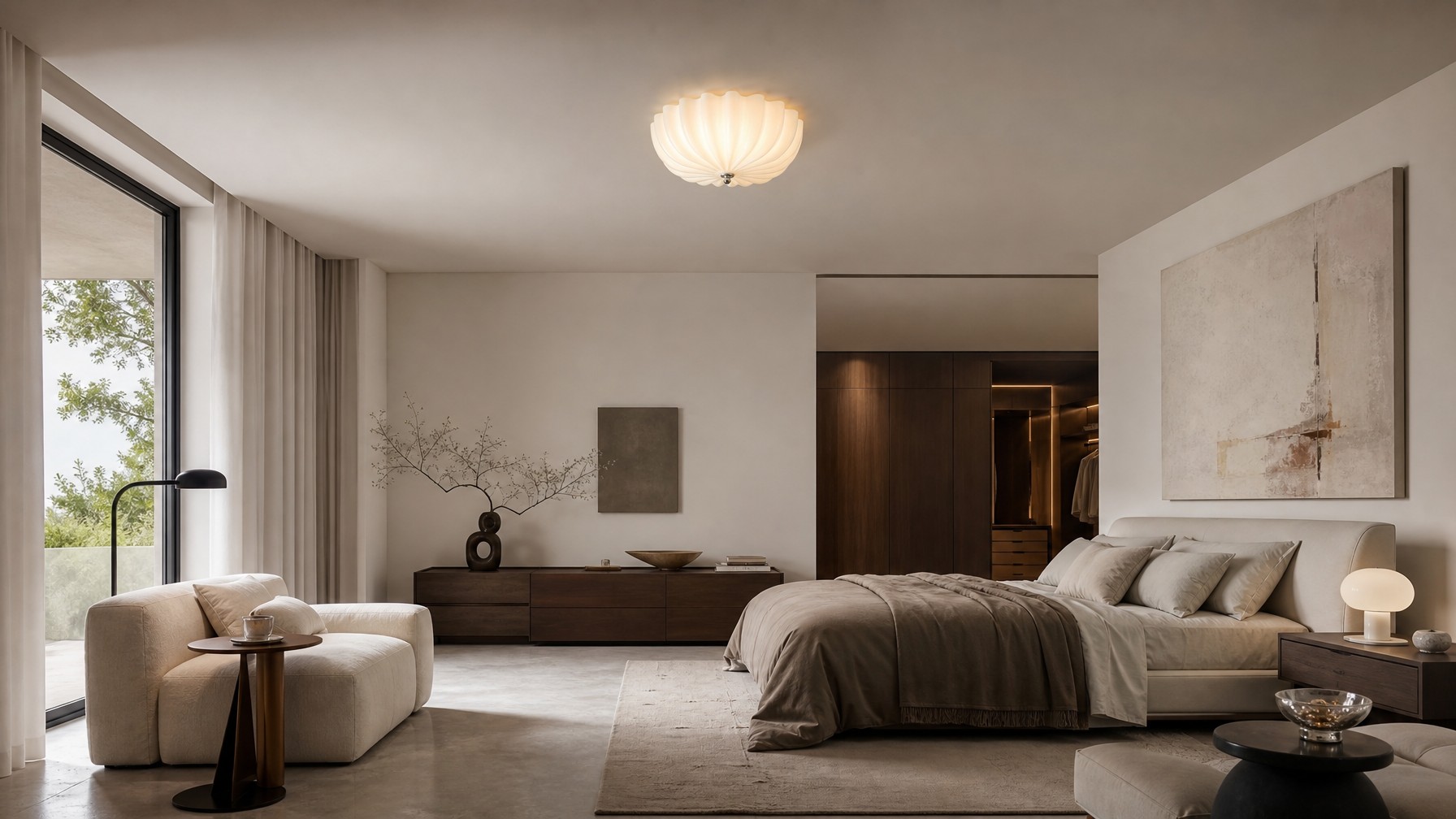Durnic Cream Style plafondlamp in een warme slaapkamer