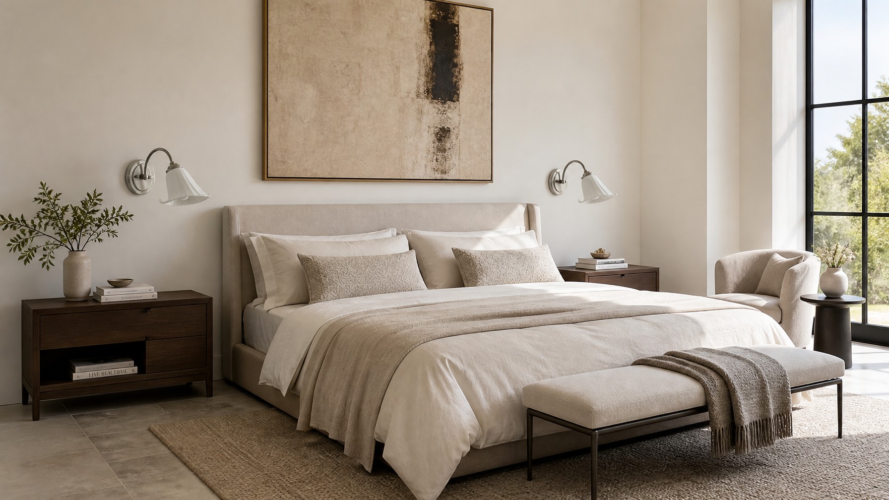 Bedroom with calla lily wall lamps