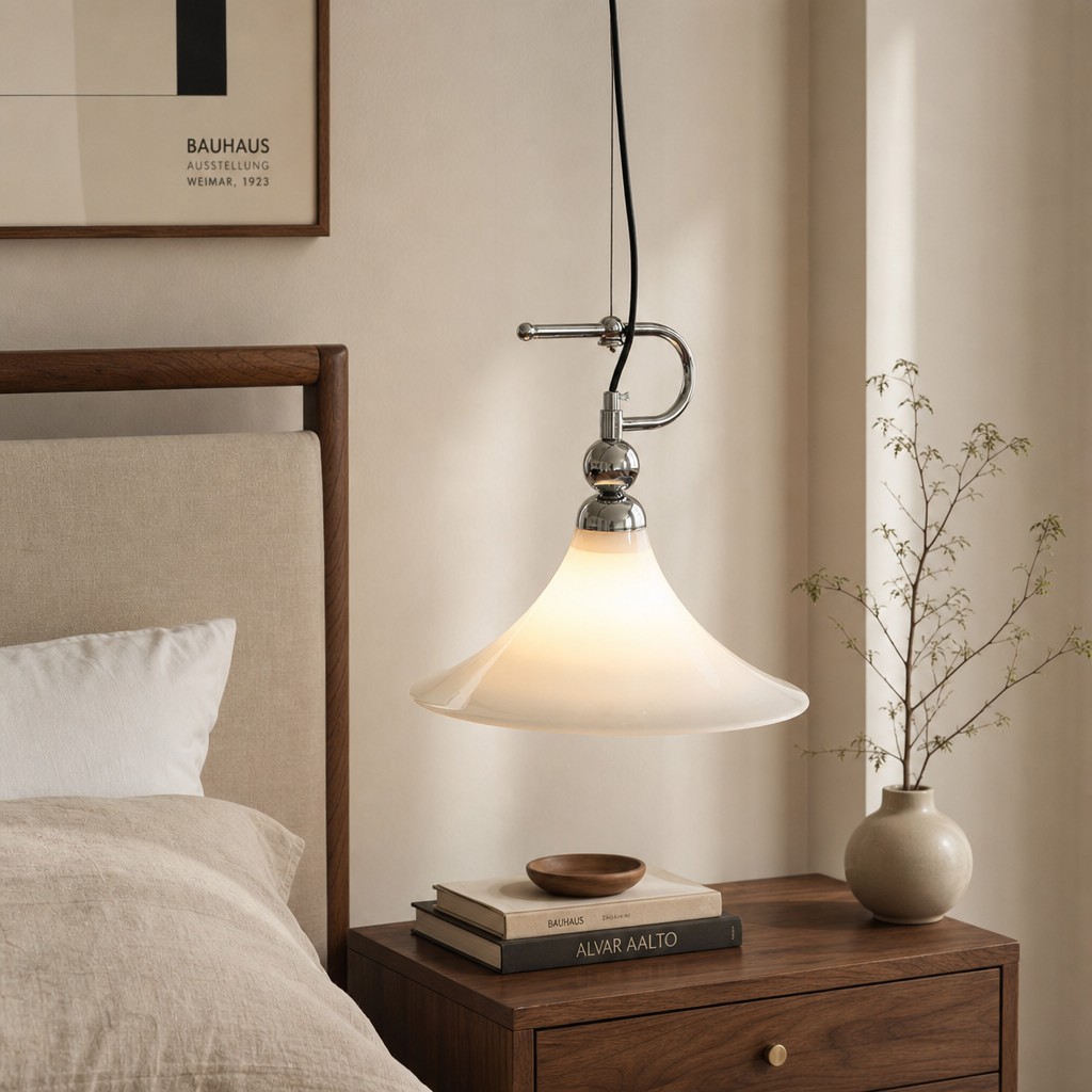 Magnolia hanglamp naast een bed