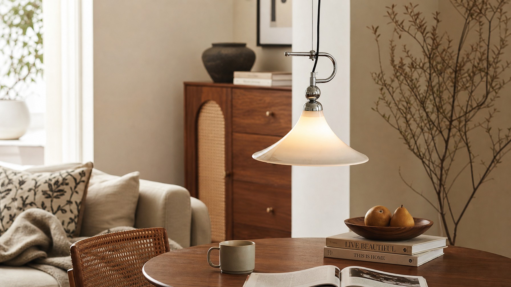 Verlichte Magnolia hanglamp in een warme woonruimte