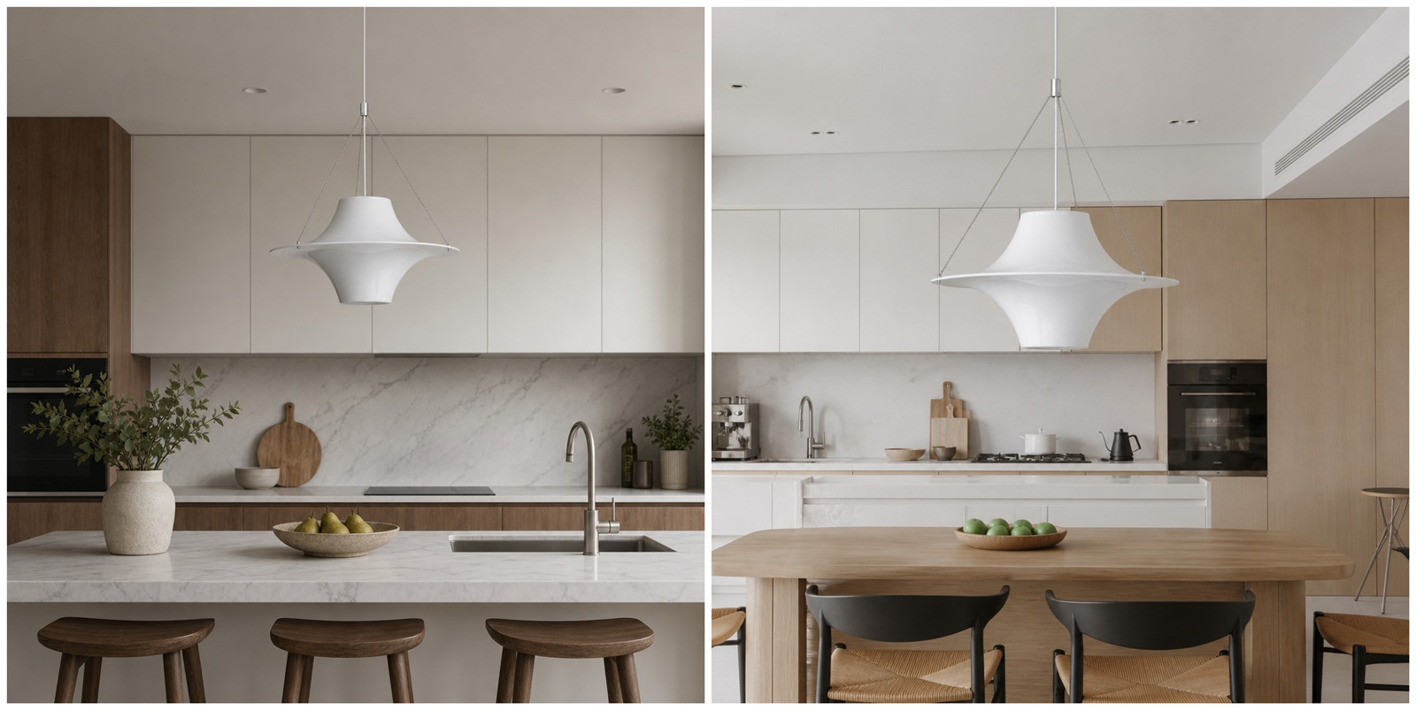 Twee formaten van de Saebery hanglamp in een keuken