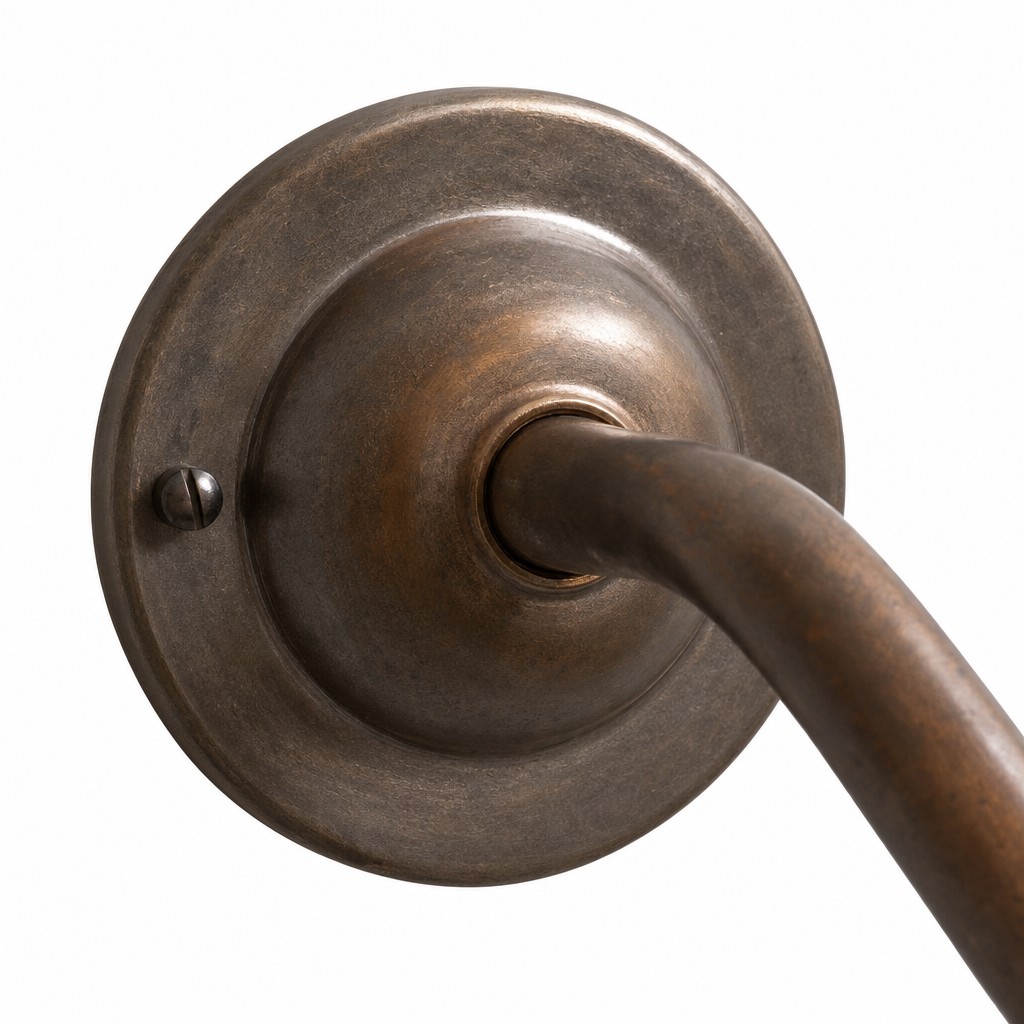 Detail van de gebogen metalen arm en wandbasis