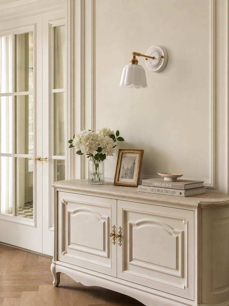 Cienax wandlamp boven een decoratieve consoletafel