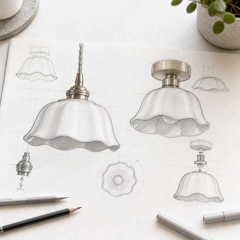 Ontwerptekening en keramische bloemlamp met messing steel
