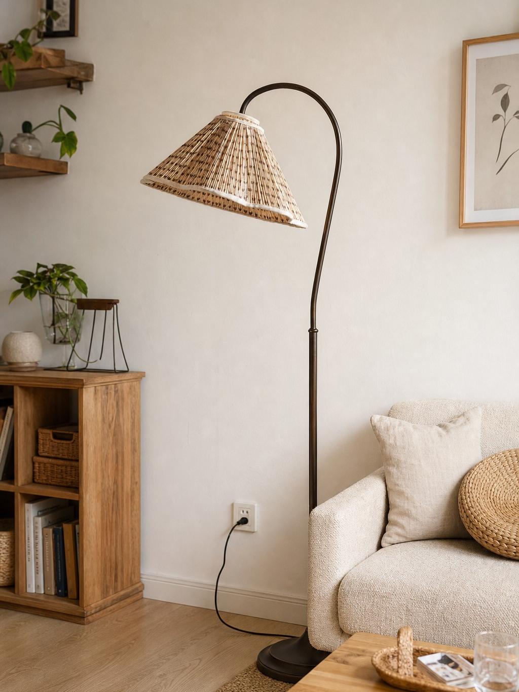 Veslin vloerlamp met geplooide kap in een warme woonsetting