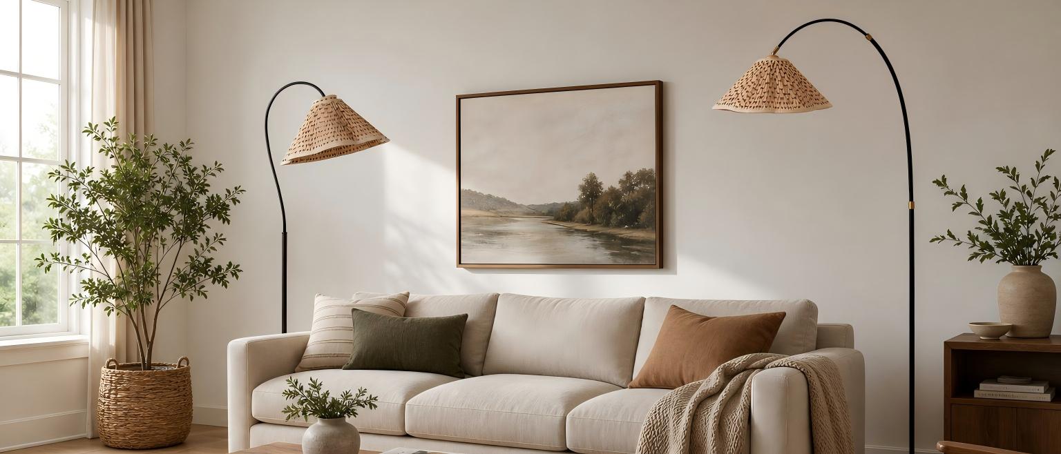Veslin elegante florale zwanenhals vloerlamp in een lichte woonkamer