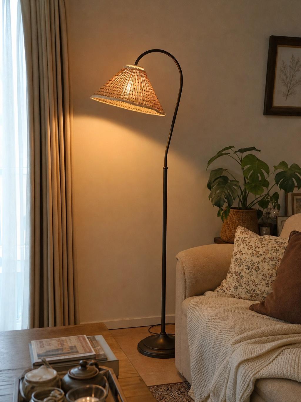 Veslin vloerlamp naast een lage houten kast en zachte zitplek