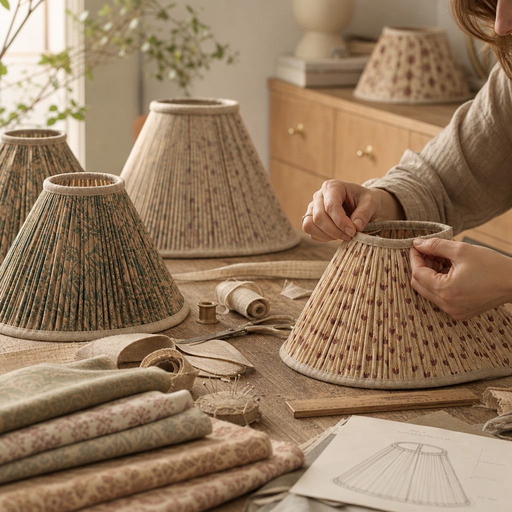 Handmatige assemblage van de florale stoffen lampenkap