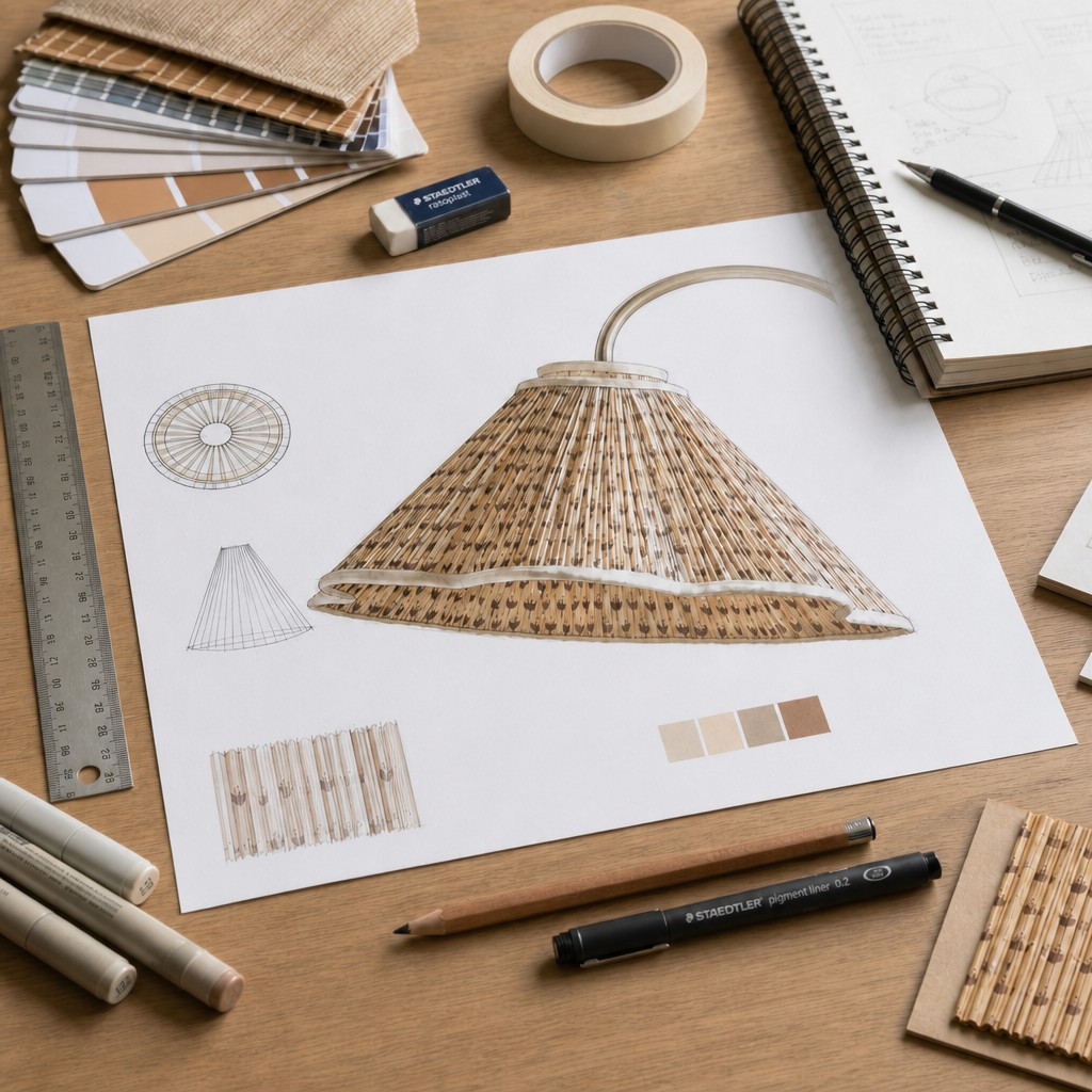 Ontwerpschets en materiaalstalen voor een florale lampenkap