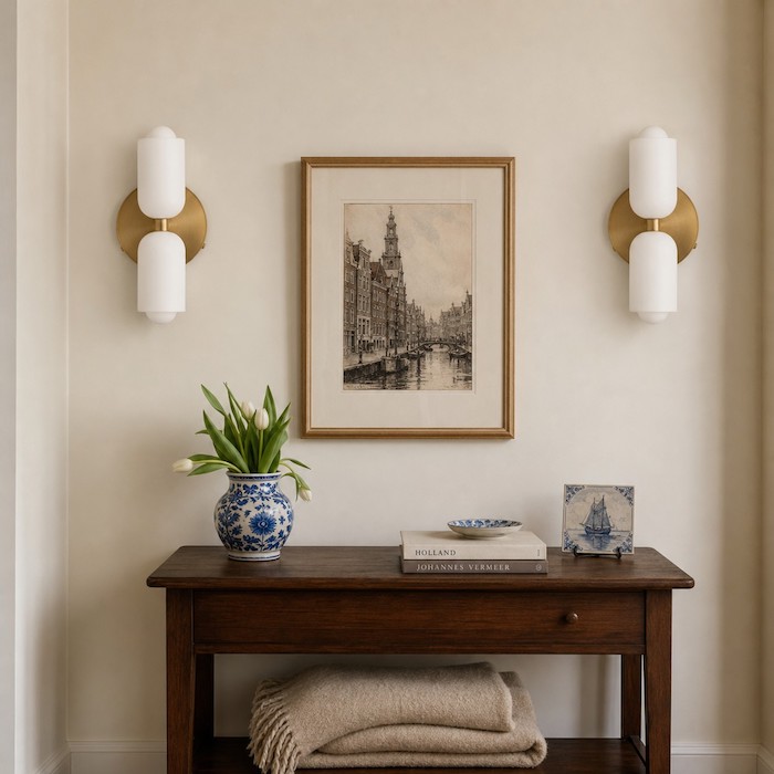 Minimalistische metalen wandlamp die een moderne accentmuur een warme lichtgloed geeft.