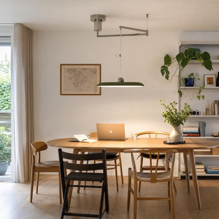 Dining table used as a work surface under an adjustable pendant.