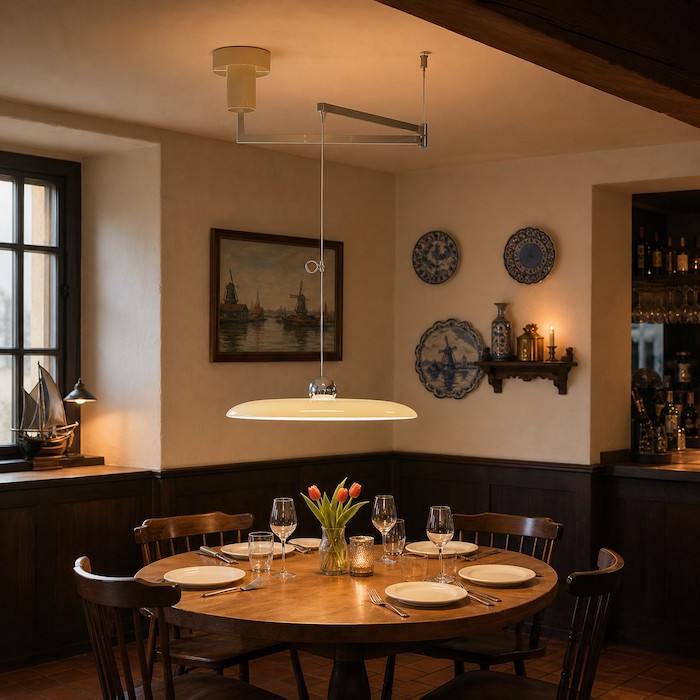 Flexible dining room with an adjustable pendant supporting everyday use.