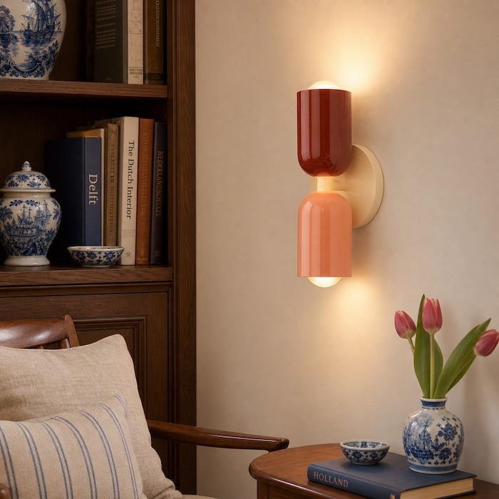 Een lege hoek krijgt een duidelijke functie met een warme minimalistische wandlamp en een kleine bijzettafel.