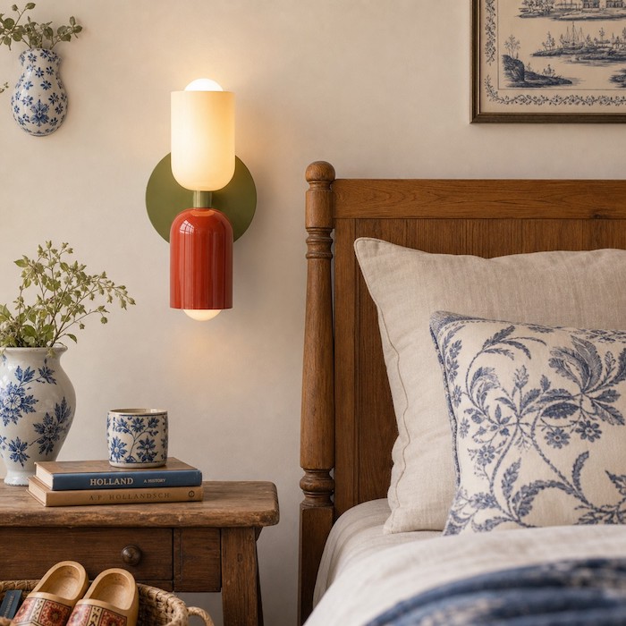 Bedroom wall sconces installed at a comfortable bedside height.