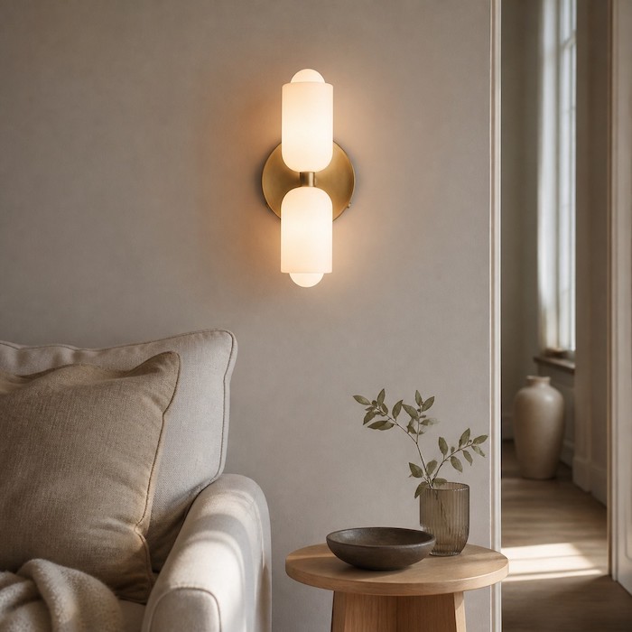 Styled modern wall sconce with calm materials and soft shadows.
