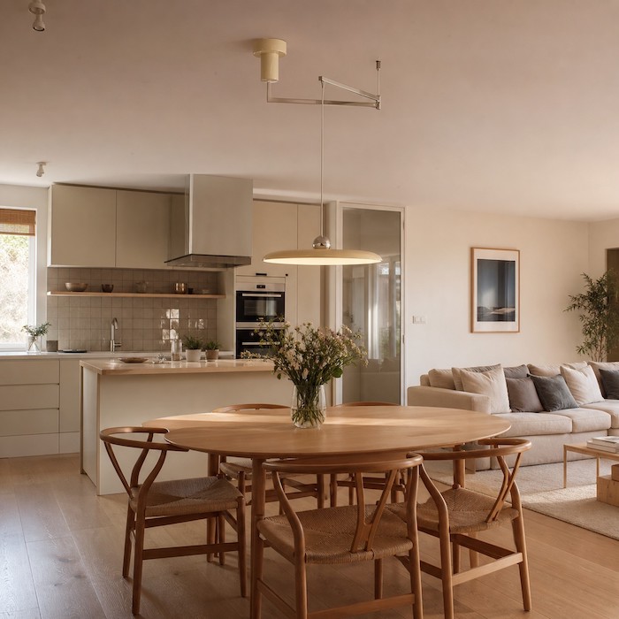 Open-plan room where a swing arm pendant adapts to table placement.