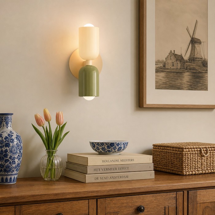 Wall sconce light creating dimension on a decorated wall.