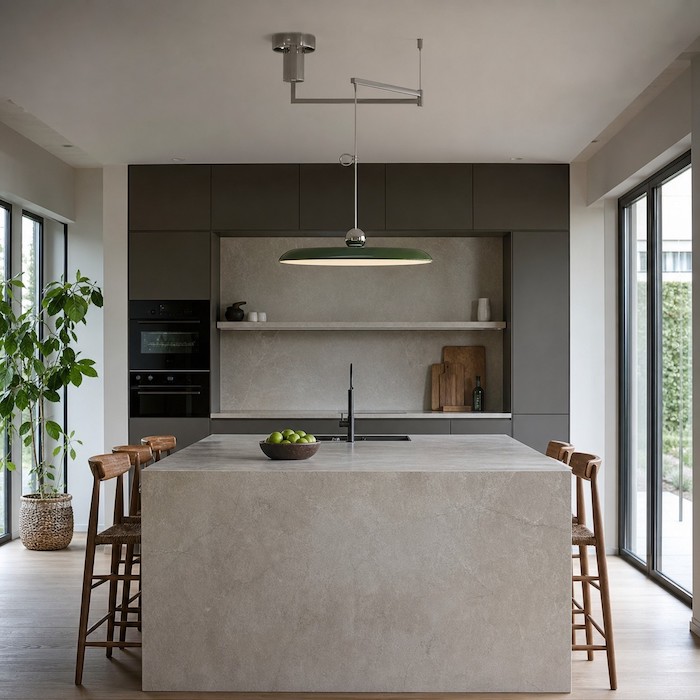 Adjustable pendant balanced above a fixed kitchen island layout.
