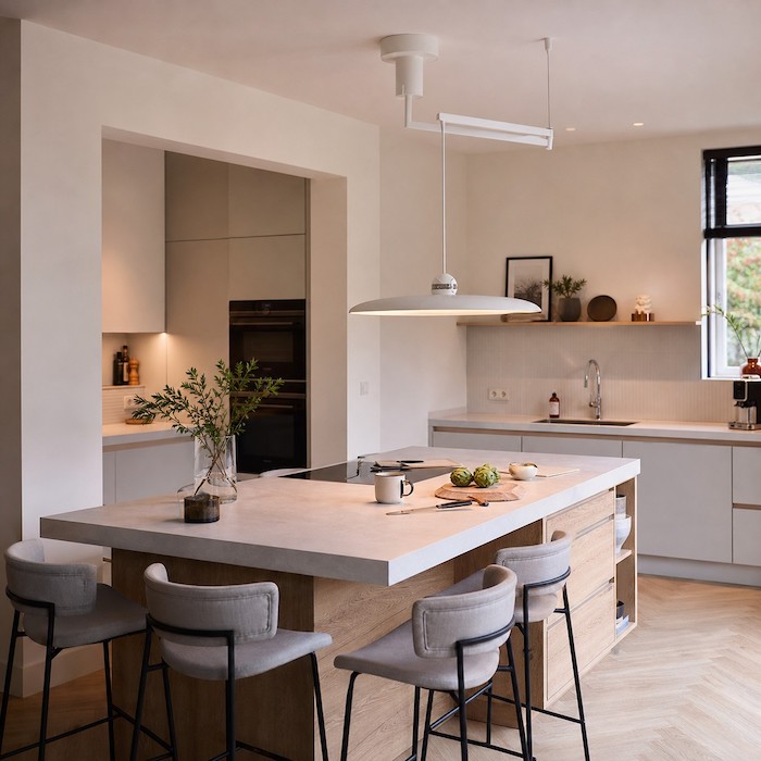 Adjustable disc pendant above a kitchen island used for daily tasks.