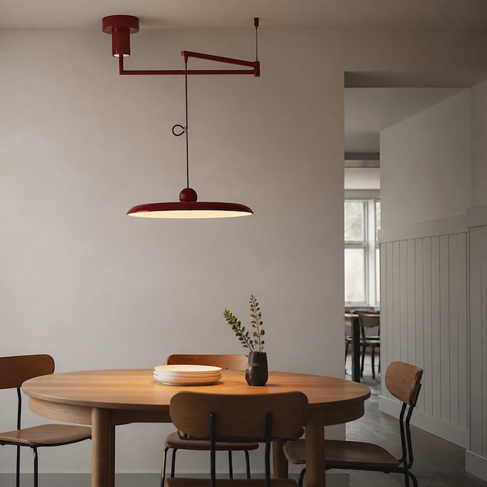 Minimal disc pendant creating a clean dining room focal point.