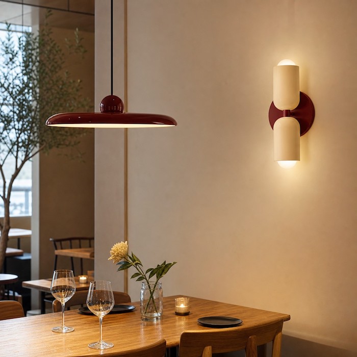 Dining room wall sconce height supporting a pendant and table setting.