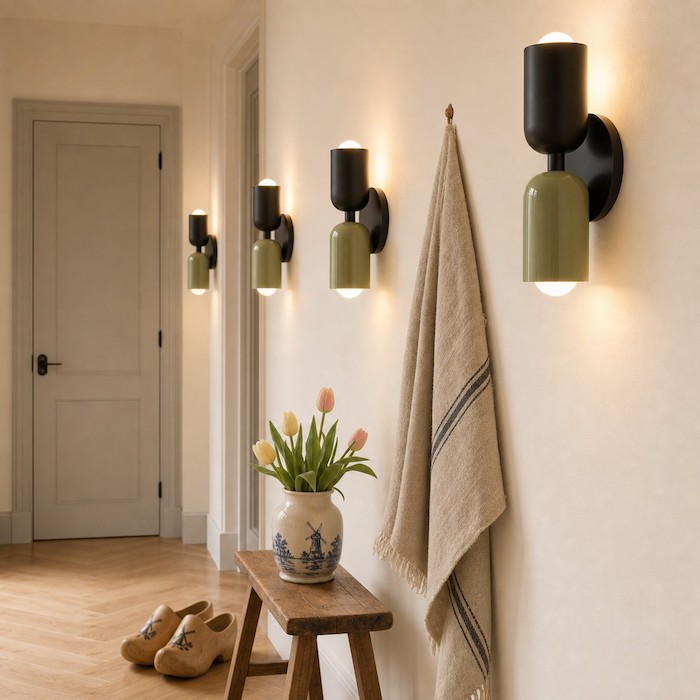 Hallway wall sconces placed at consistent height with rhythmic light.