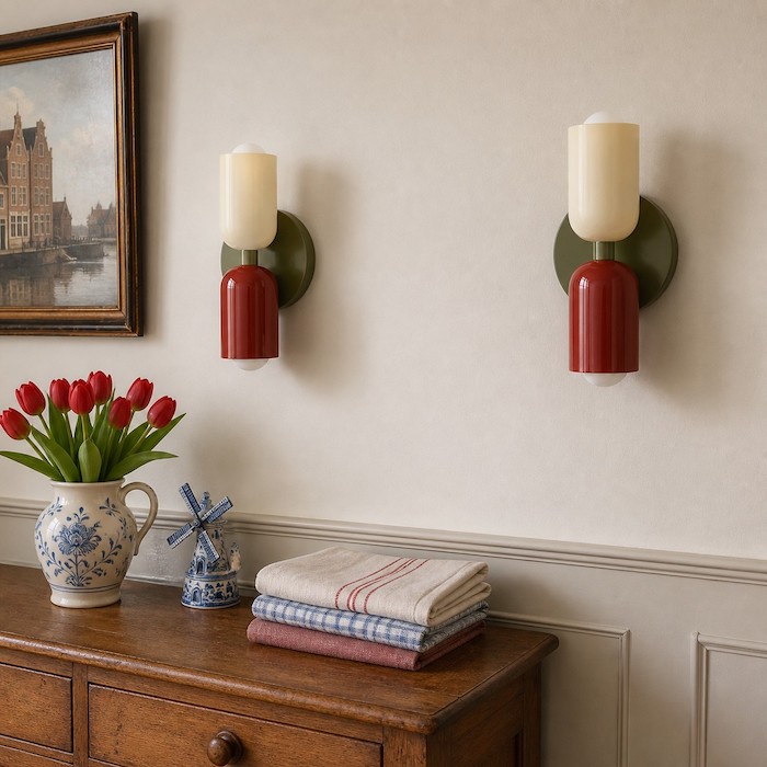 Minimalistische metalen wandlamp met licht in twee richtingen en een warme Japandi-gloed op de muur.