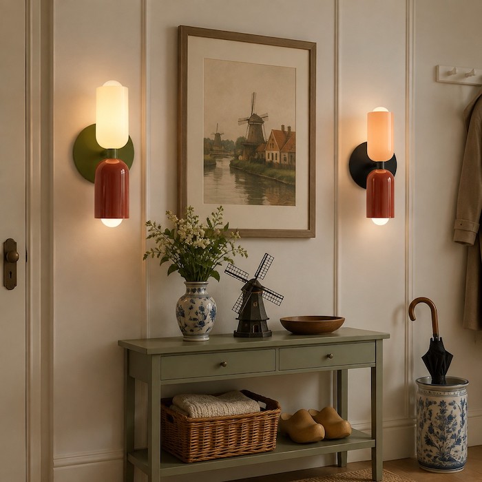 Warm wall sconce anchoring the arrival wall beside a slim console.