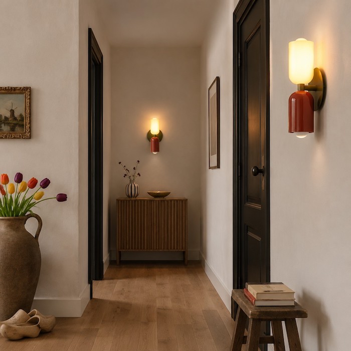 One wall sconce creating a clear destination at the end of a short corridor.