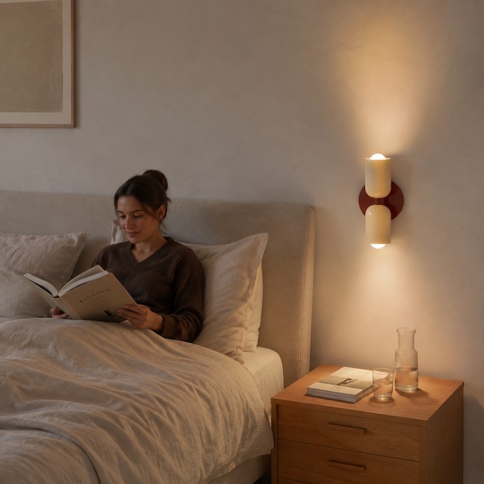 Bedside wall sconce positioned outside the seated eye line to reduce glare.