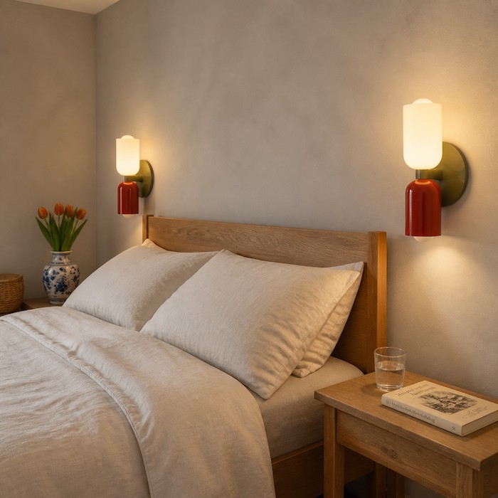 Wall-mounted light freeing space on a small bedside table.