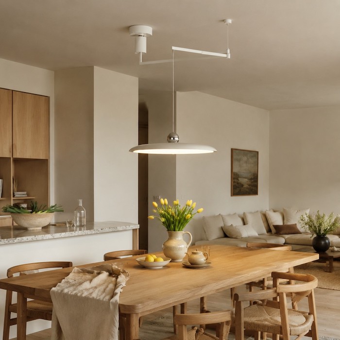 Swing-arm pendant moving the light focus to an off-centre dining table.