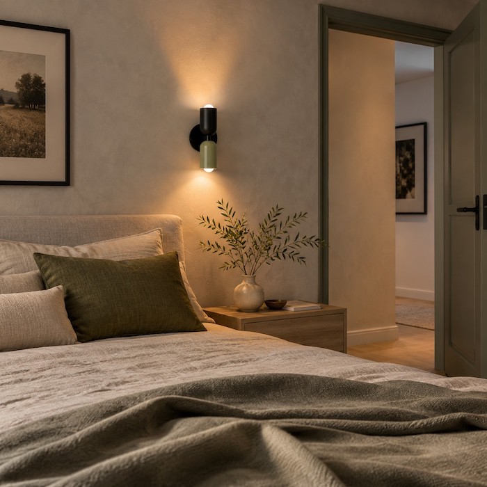 Bedroom wall lighting positioned for arrival rather than direct reading.