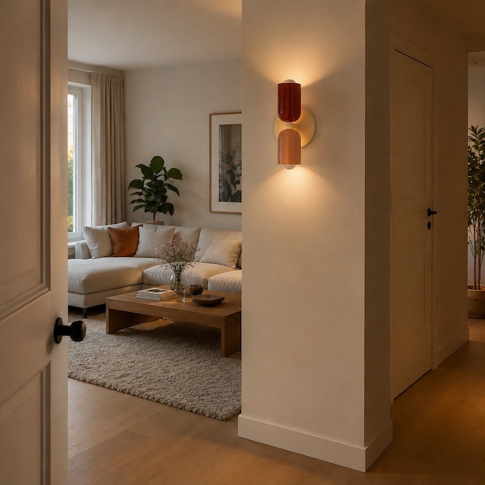 Doorway view identifying a dim transition wall that needs lighting.
