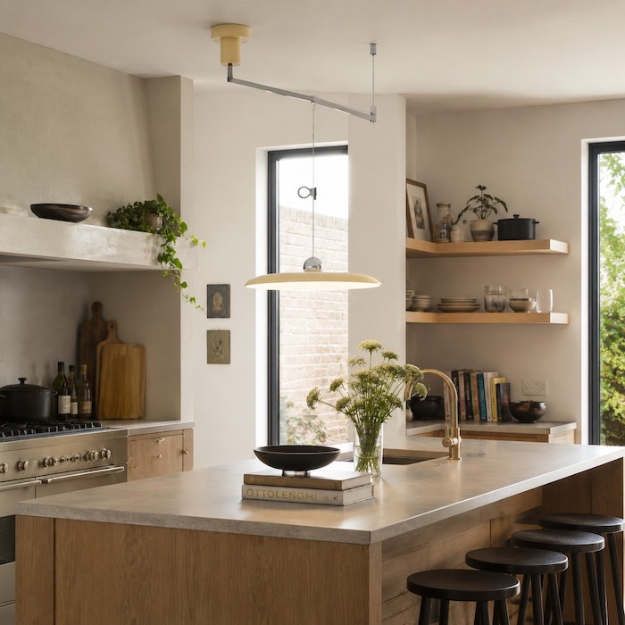 Adjustable pendant lights directing separate beams to a worktop, shelf, and walkway.