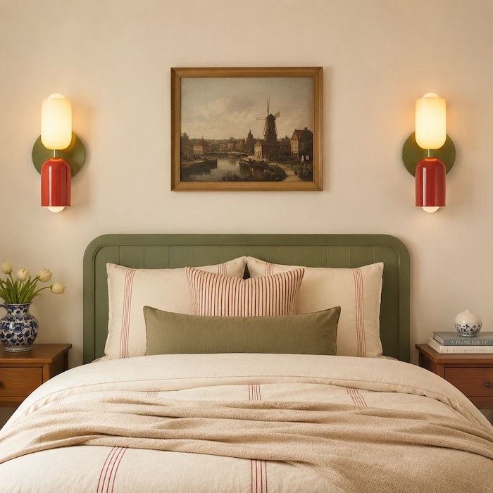 Pair of dual-direction sconces balancing a modest bedroom wall.