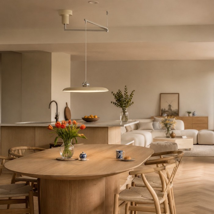 Pendant light separating the dining table from the nearby kitchen and sofa zones.