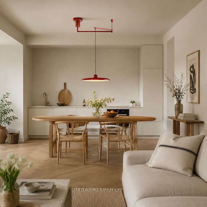 Balanced open-plan lighting with one adjustable pendant anchoring the main activity zone.