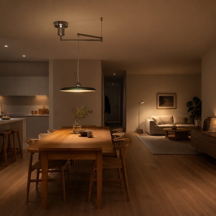 Adjustable pendant supported by a floor lamp in a multifunctional open room.