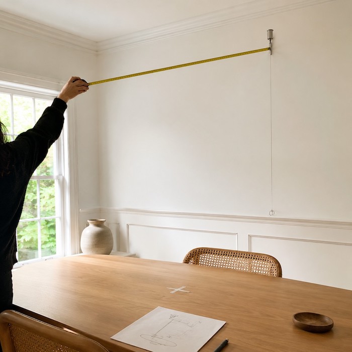 Homeowner measuring ceiling-point reach before choosing a movable pendant.