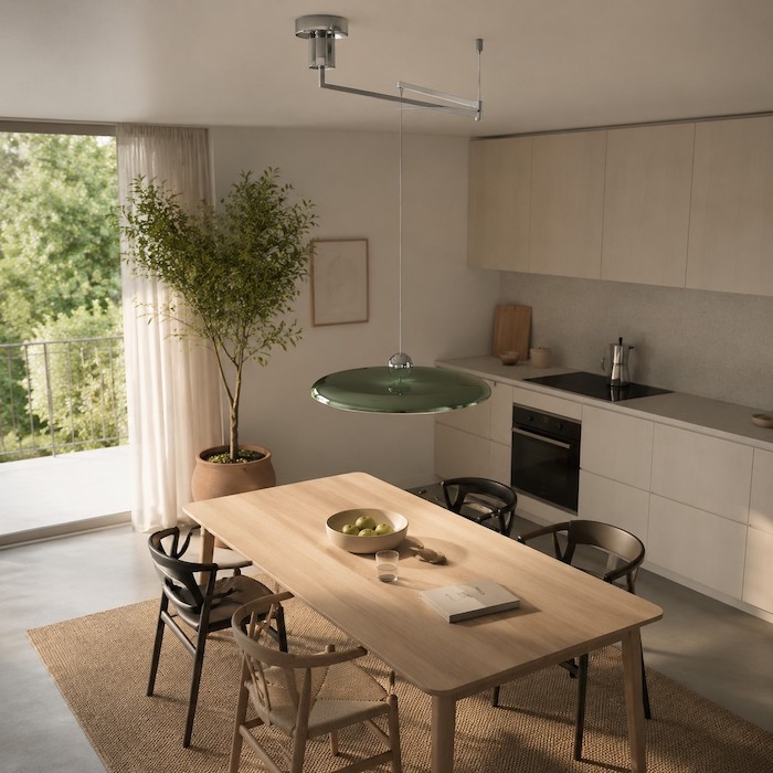 Adjustable pendant reach aligned with the real centre of an off-set table.