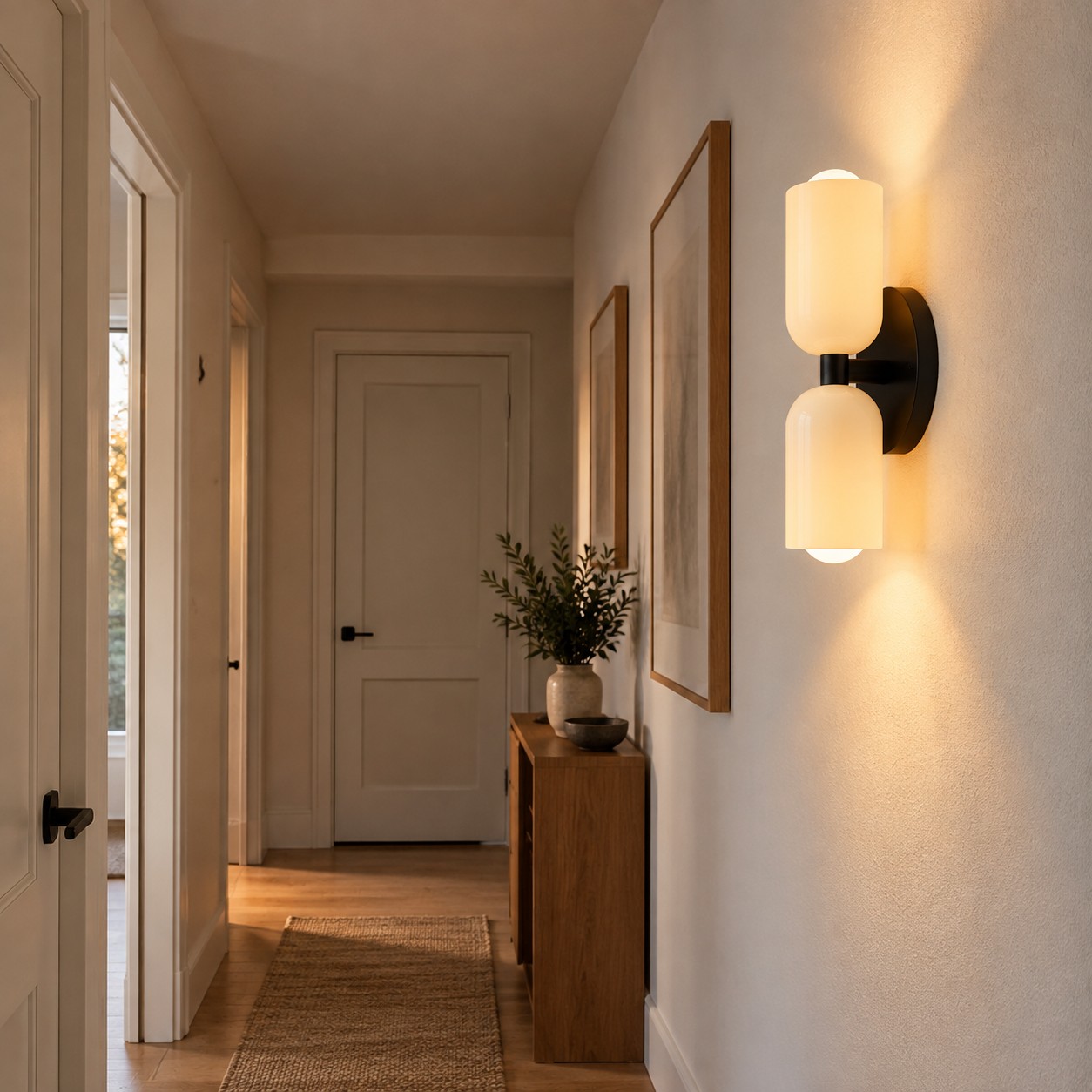 Side view of a compact wall sconce showing safe projection into a narrow hallway.