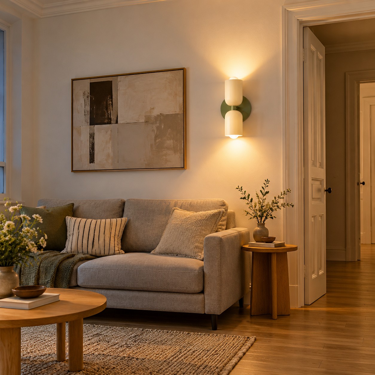 Up-and-down wall light adds depth to a small studio living area.