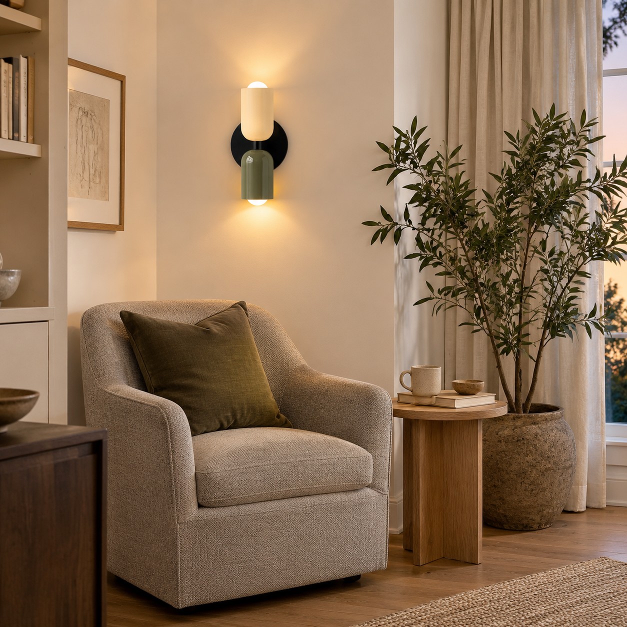 Asymmetrical reading corner balanced by a colourful wall sconce and a tall plant.