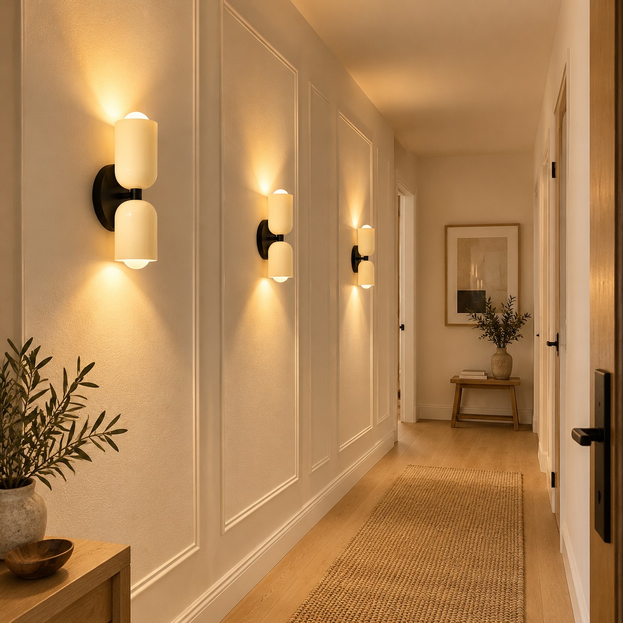 Three matching wall sconces create an even rhythm along a modern hallway.