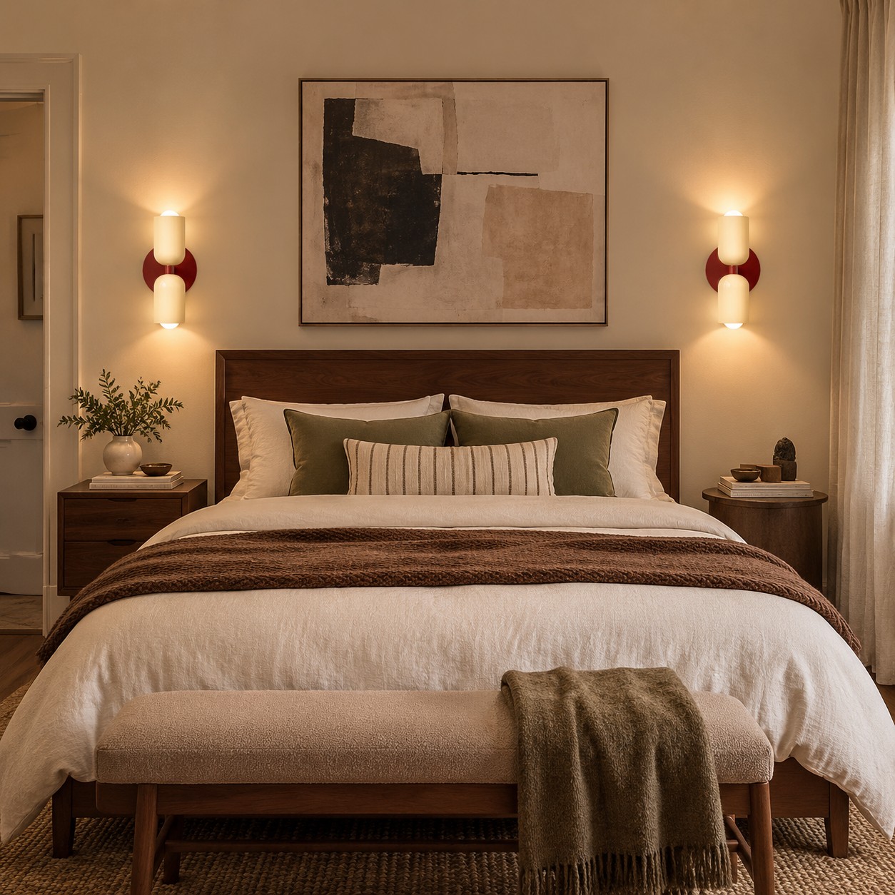 Matching wall sconces frame a bed while relaxed bedside styling avoids rigid symmetry.