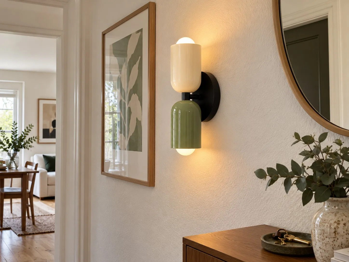 Close detail of a modern metal wall lamp beside framed art and a small mirror at the end of a hallway