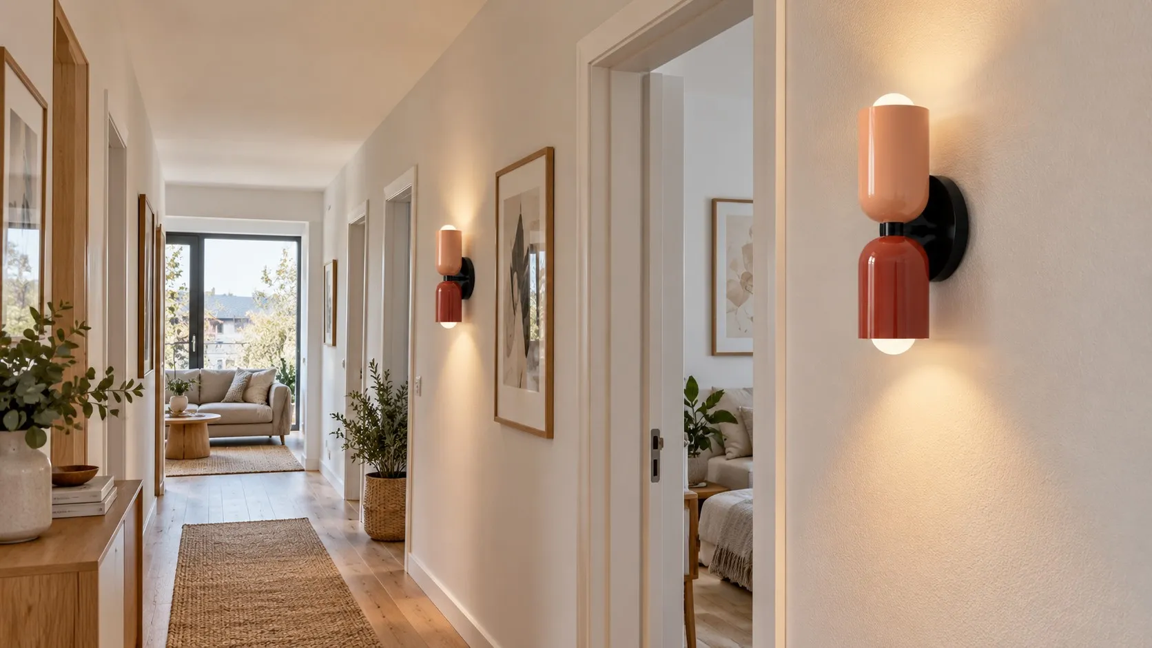 A long corridor with two matching metal wall lamps placed in measured rhythm beside door openings