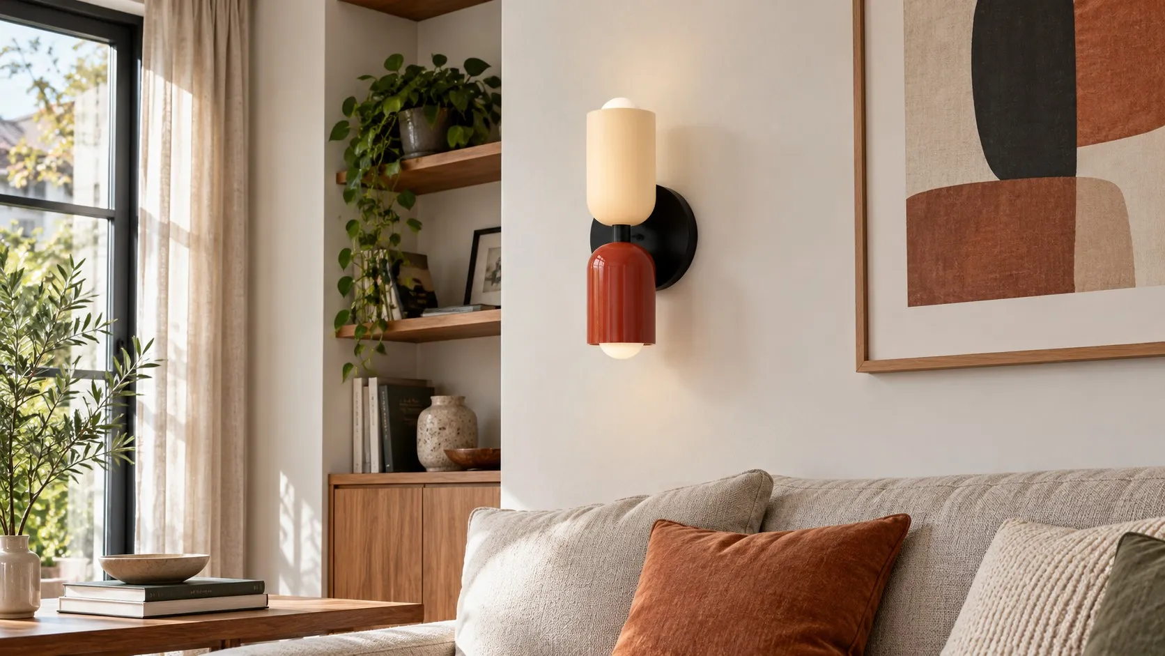 Seated and standing viewpoints toward a modern wall lamp beside a sofa