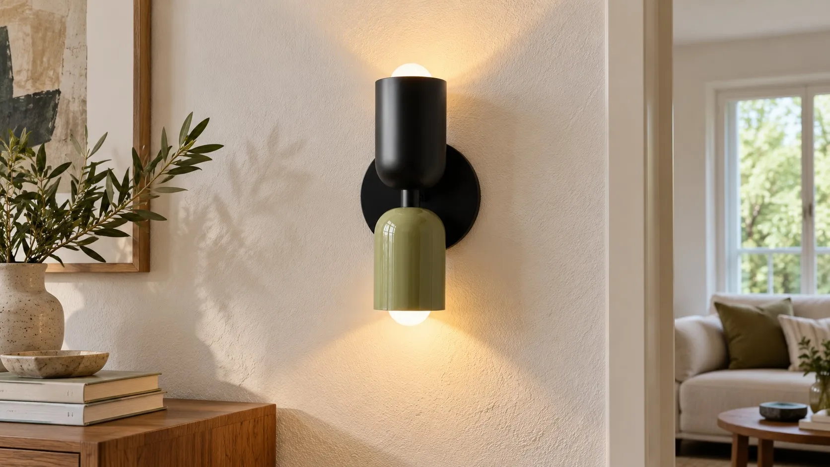 Close-up of warm light grazing a textured plaster wall from a minimalist metal sconce